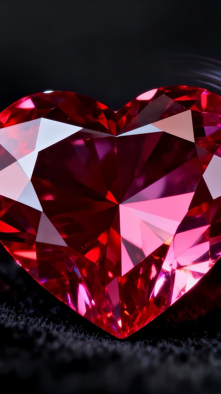 Vertical video: Shifting light moving across heart red faceted gem on black velvet, revealing hues
