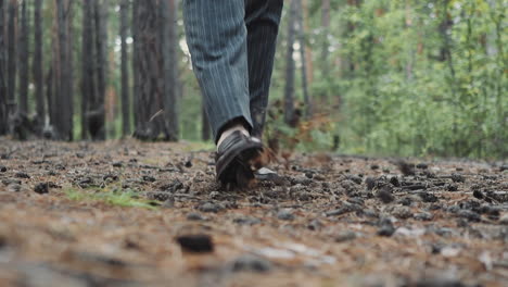 Man-in-office-suit-and-shoes-kicks-fir-cones-in-forest