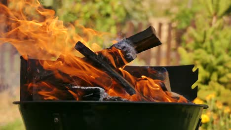 wood burning with flames in a barbecue grill