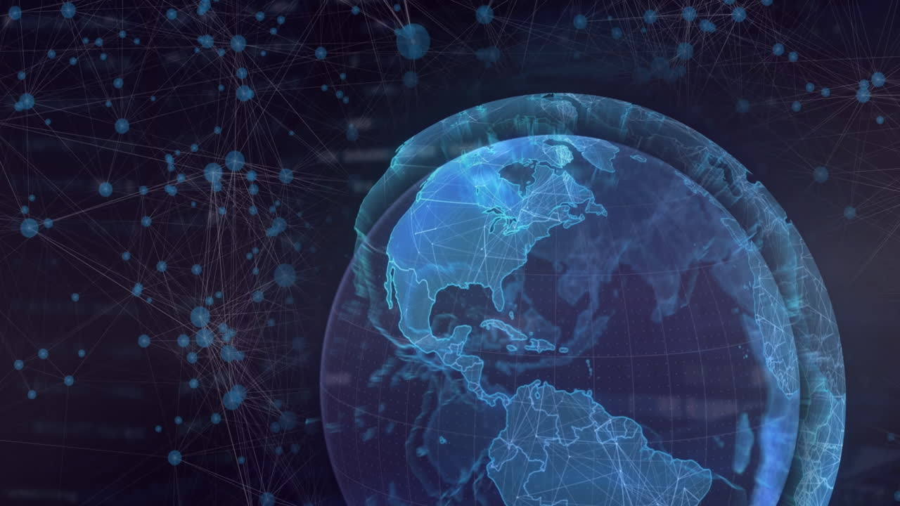 파란색 배경에 지구 위에 떠다니는 연결 네트워크의 애니메이션