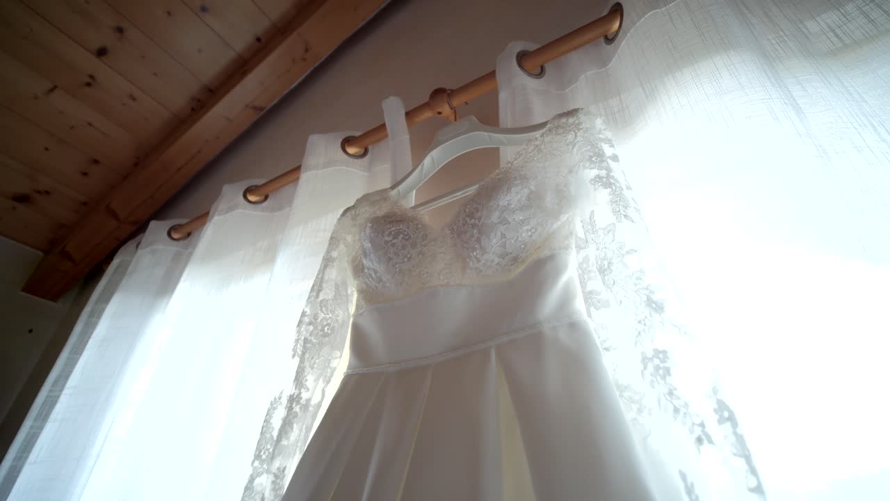 Low Angle Shot Of Beautiful White Wedding Bride Dress