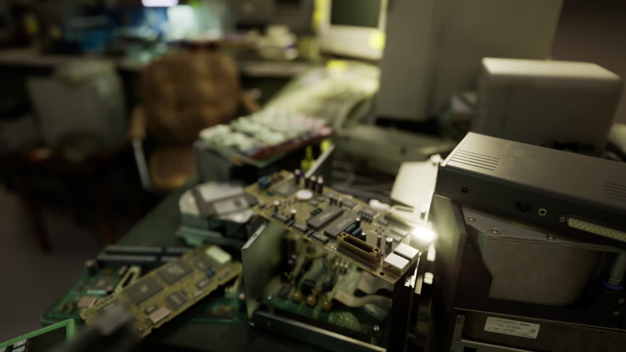 Disassembled electronic components on a cluttered workbench in a workshop