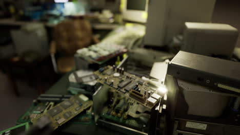disassembled electronic components on a cluttered workbench in a workshop