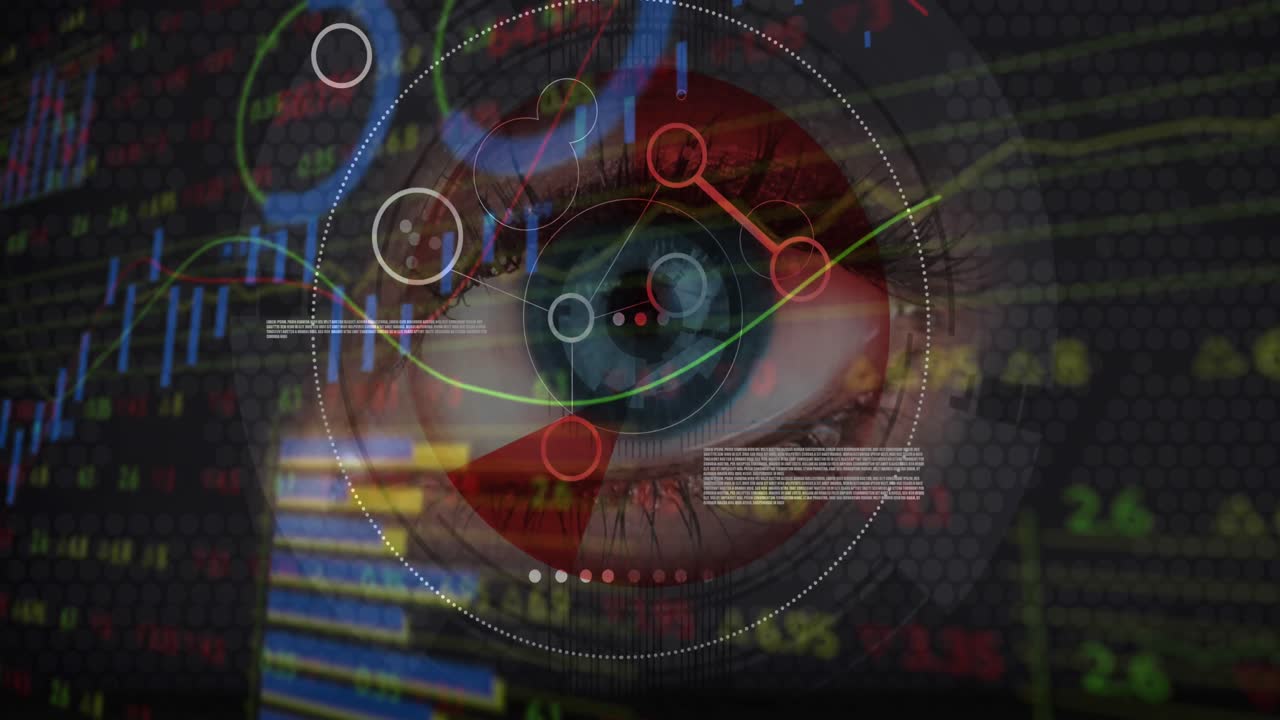 Animation of financial data processing and scope scanning over woman's eye
