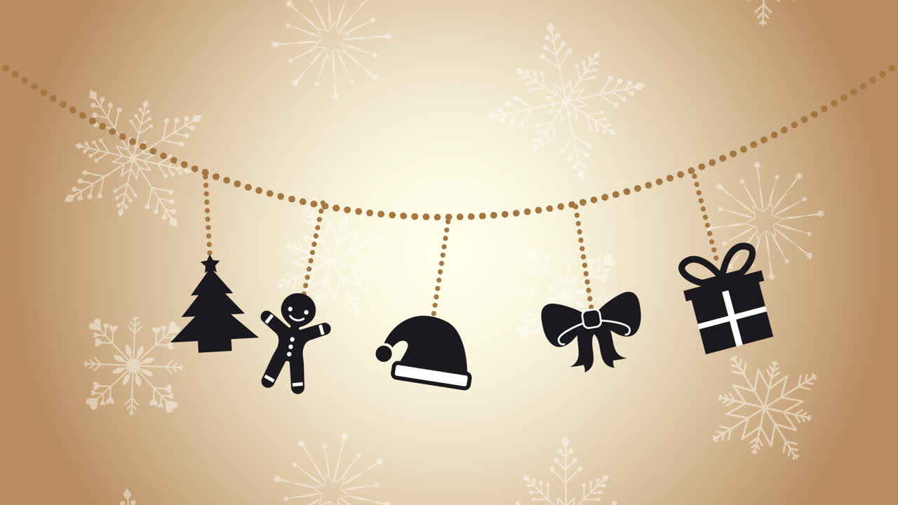 happy merry christmas animation with decorative icons hanging