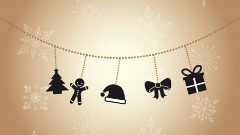 animación de feliz navidad con iconos decorativos colgados