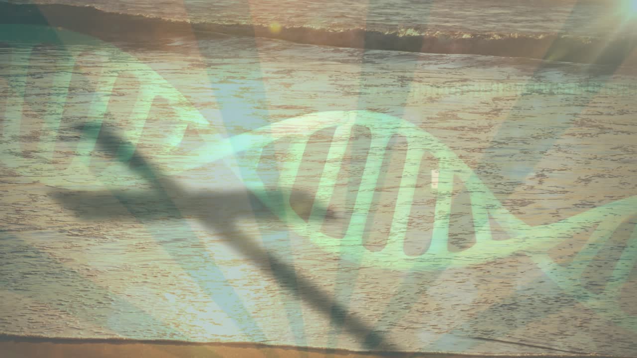 After diagonal shadow crossing shore, helix materializing, visualizing DNA undulating across waves