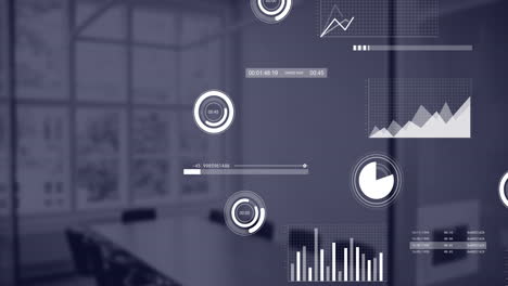 animation of financial data processing over empty office