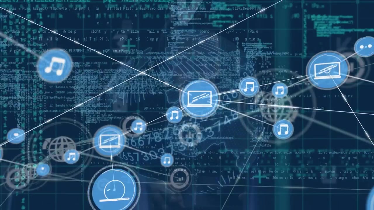 Animation of network of connections with icons over data processing