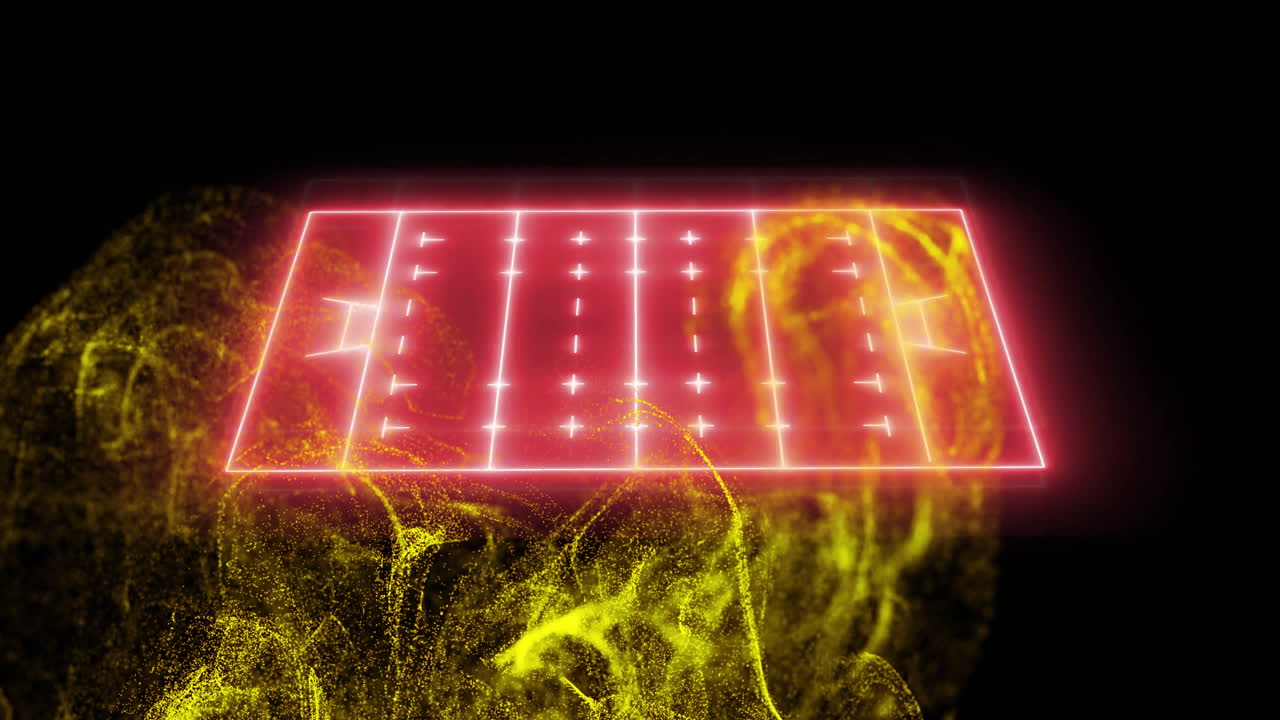 Glowing football field animation over swirling yellow particles
