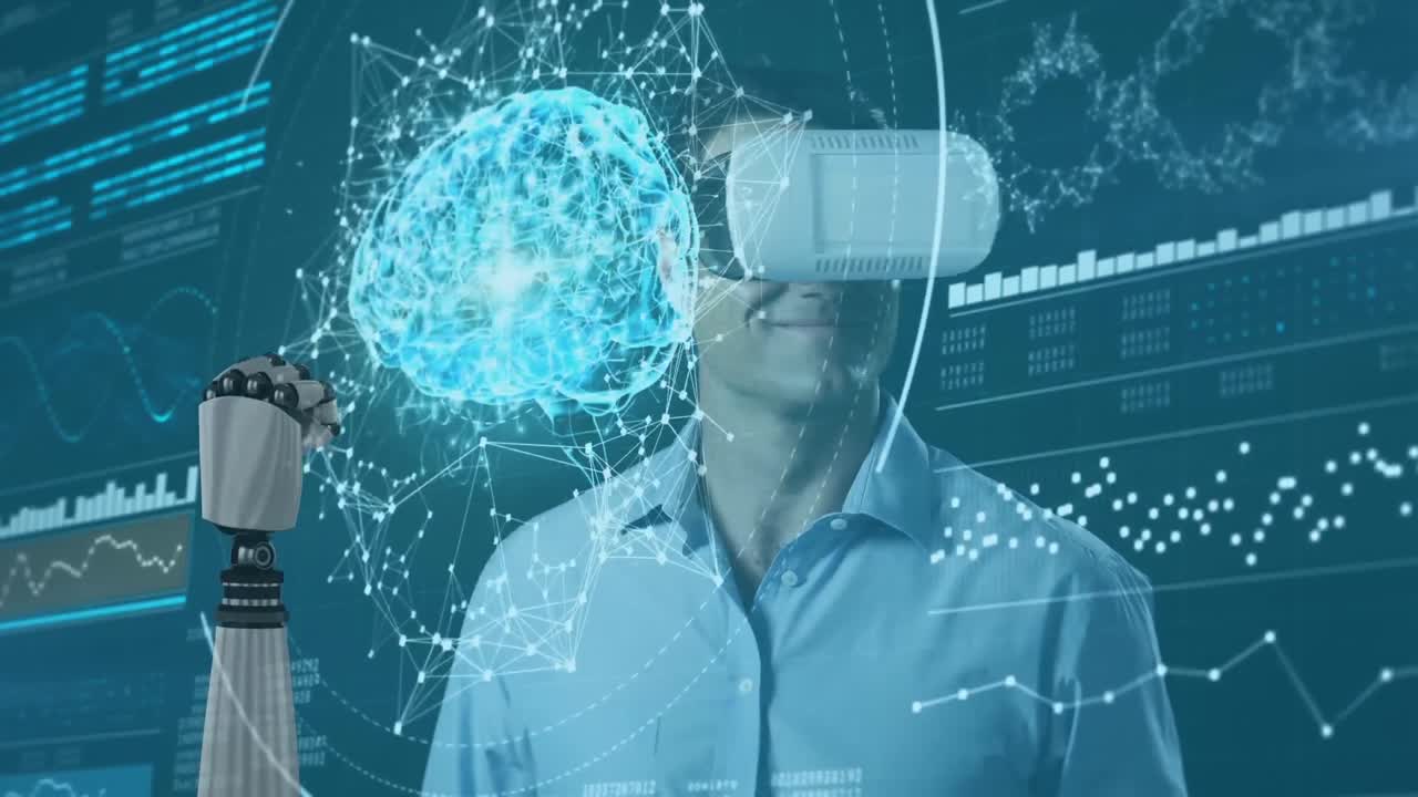 Animation of robot's arm and brain spinning over man wearing vr headset