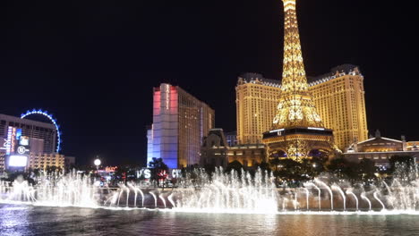 neon night skyline of the fountain at the bellagio hotel and surrounding las vegas casinos