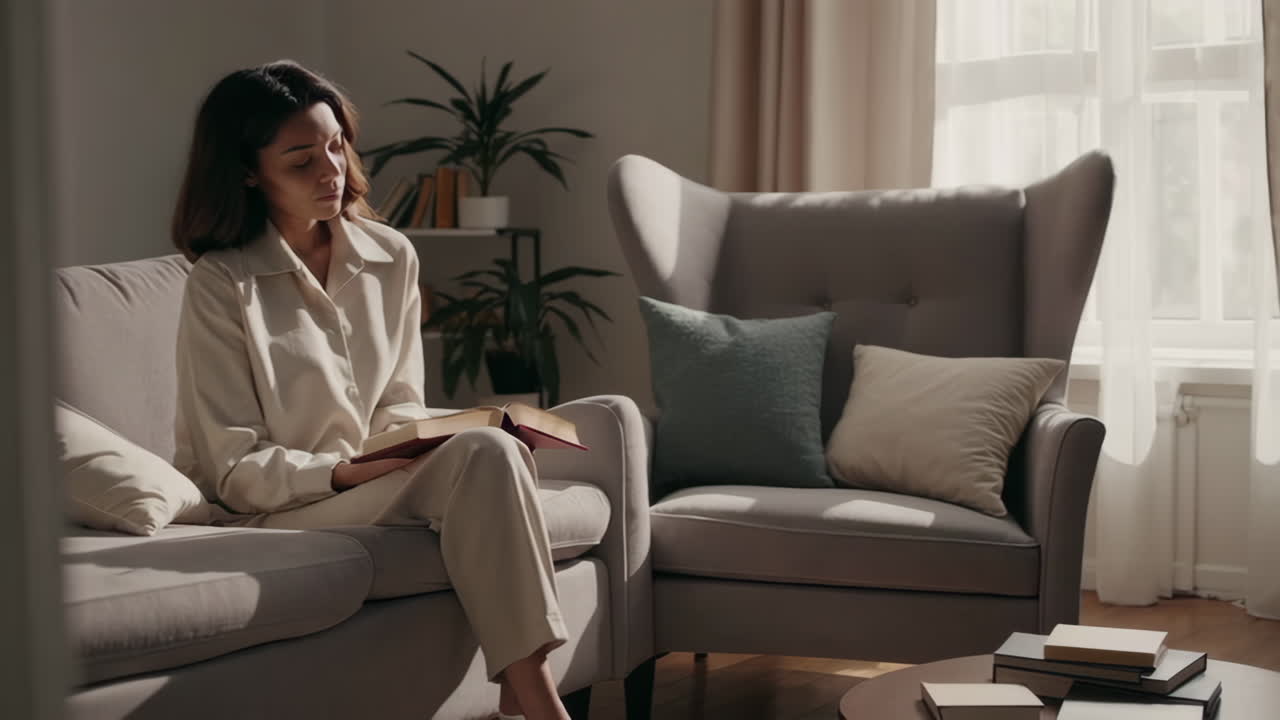 Woman Reading a Book on a Sofa in a Cozy Living Room