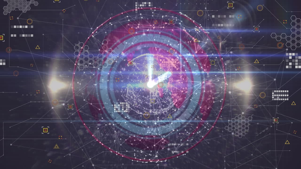 회색 배경에 대한 연결 네트워크의 지구상에서 네온 시계의 애니메이션