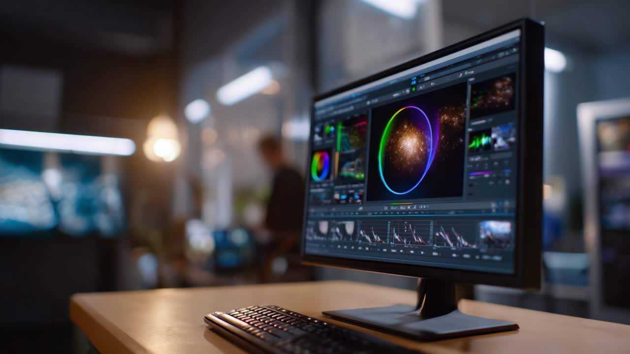 High-Tech Workspace Featuring Advanced Software Visualization of Cosmic Phenomena on Computer Monitor in Modern Office Environment