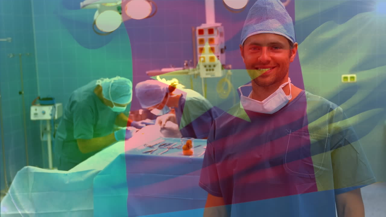 카메룬의  ⁇ 발이 수술실에 있는 외과 의사들 위에서 흔들리는 애니메이션