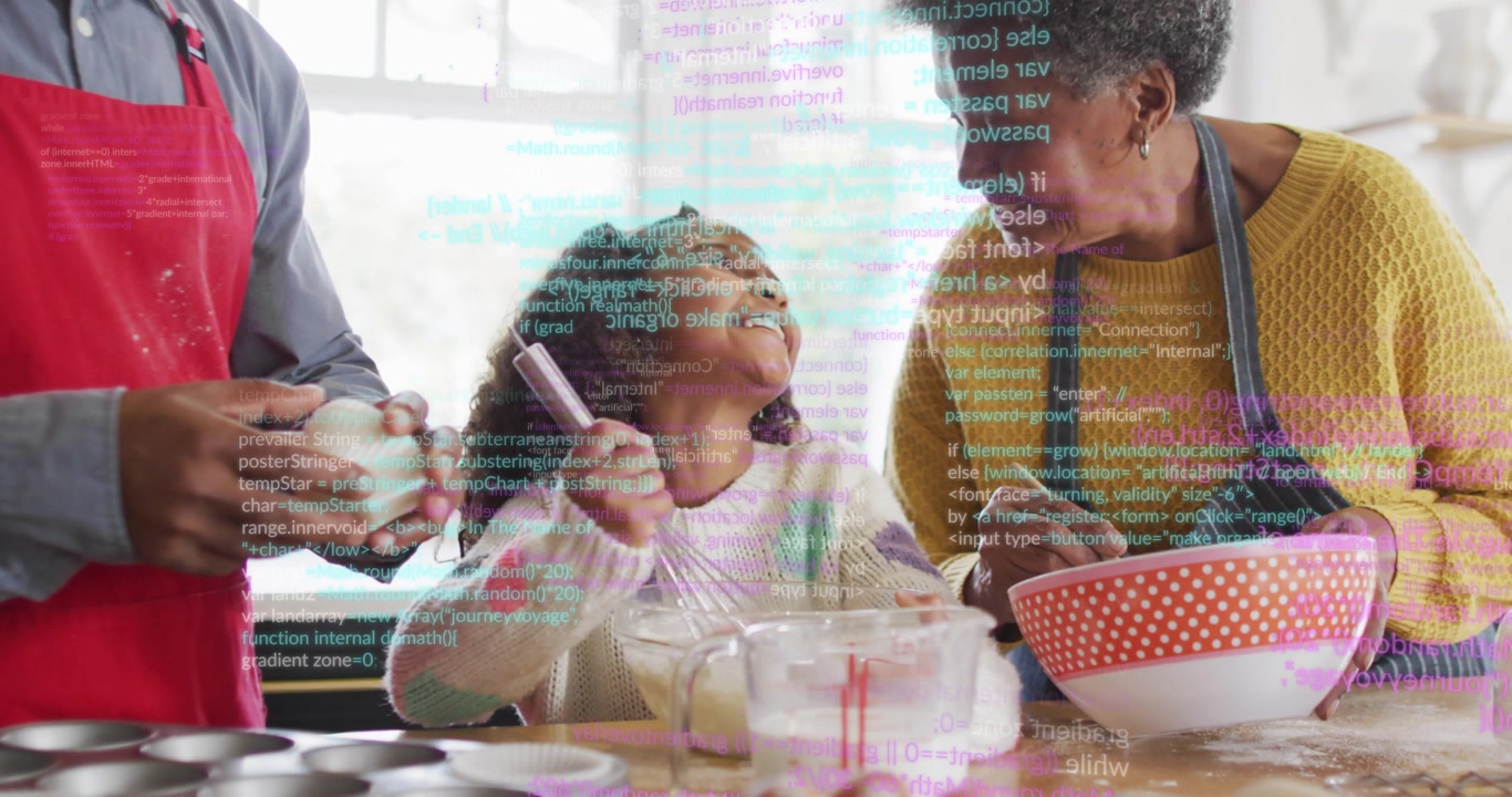 grandpa coating cups with oil, girl stirring batter with grandma guiding for culinary muffin baking