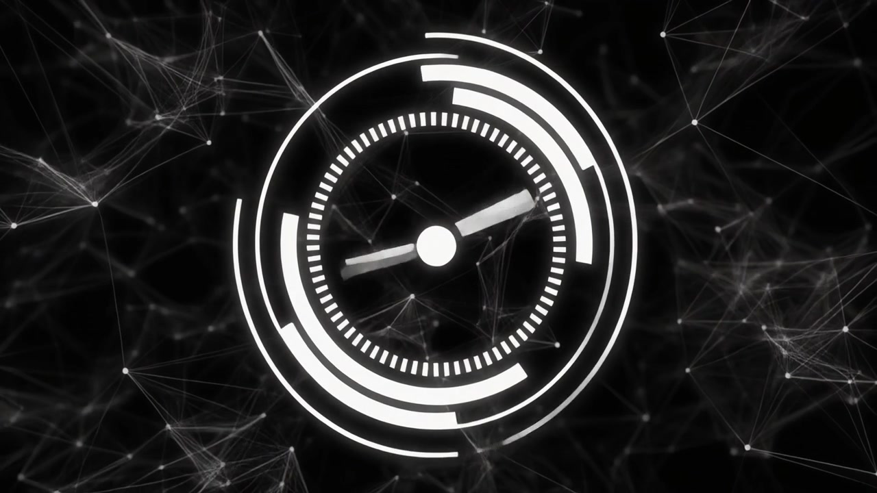 Interfaccia di orologio digitale con sfondo astratto a rete.