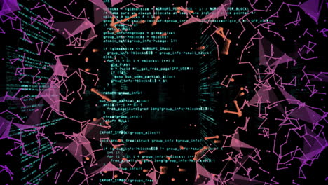 Animation of digital data processing over network of connections on black background