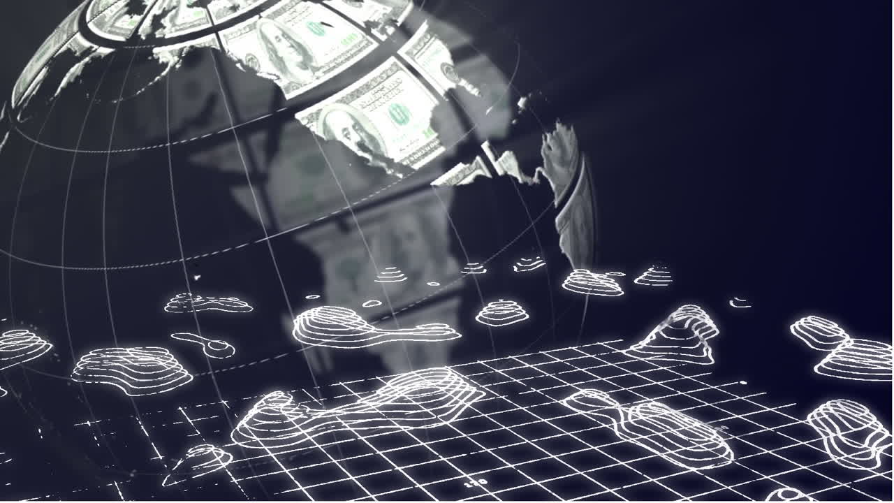 アメリカドル紙幣で作られた地球のアニメーションが 輪郭地図で回転しています
