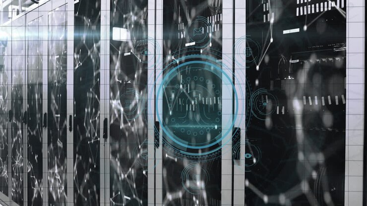 Animation of fingerprint icon over data processing and server room