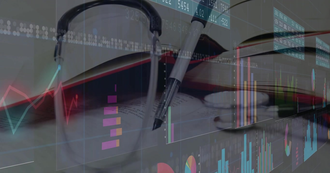 Chart overlay starting bars shifting heights and colors, visualizing medical data trends on desk