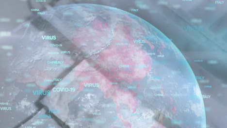 Animation-Eines-Globus,-Der-Sich-über-Gesichtsmaske-Und-Hydroalkoholischem-Gel-Dreht