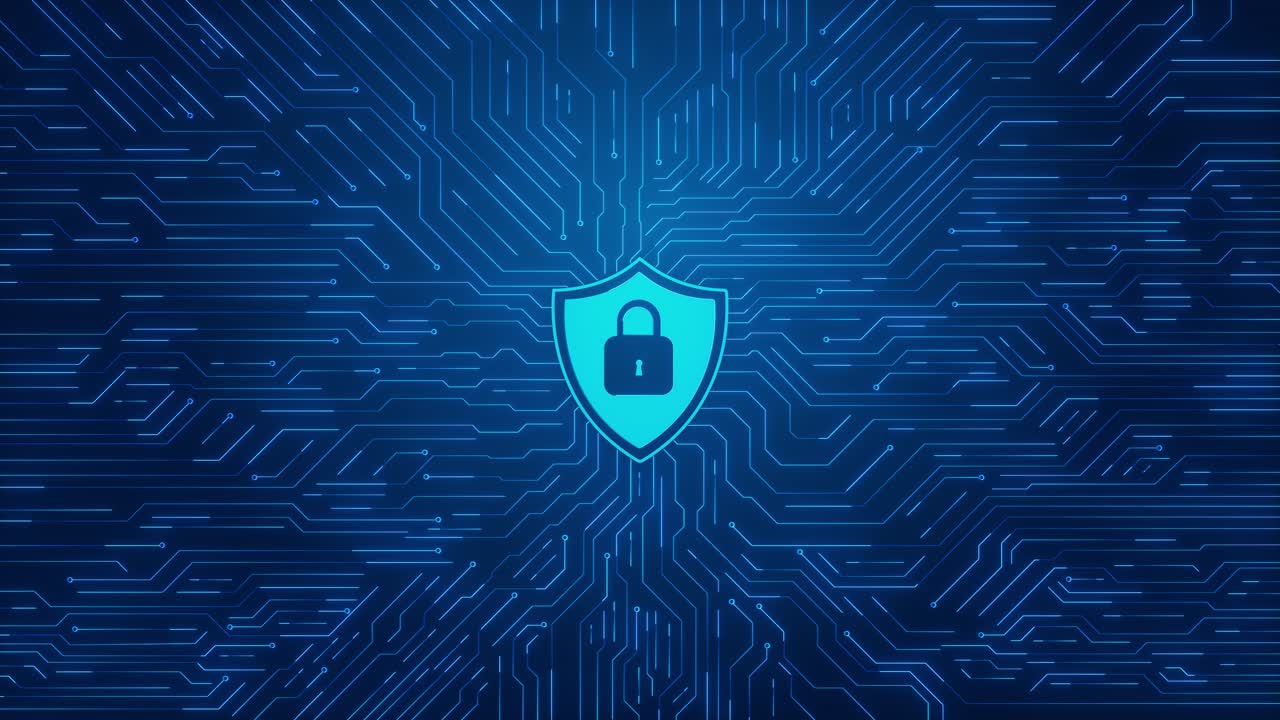 Cybersecurity shield lock icon hologram security breach computer hacking attack warning message