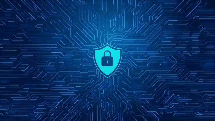 Cybersecurity shield lock icon hologram security breach computer hacking attack warning message