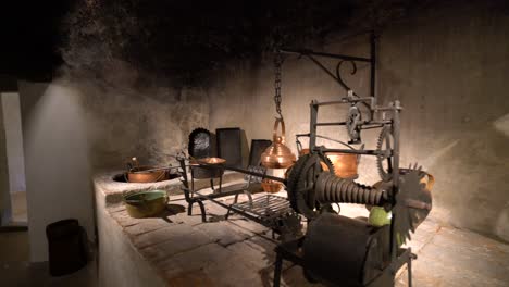 Ancient-antique-old-European-kitchen-inside-castle,-interior-panning-shot