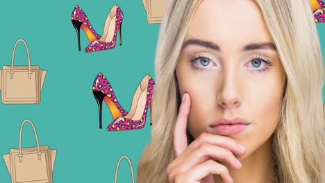 animación de bolsas y zapatos que caen sobre una mujer que piensa