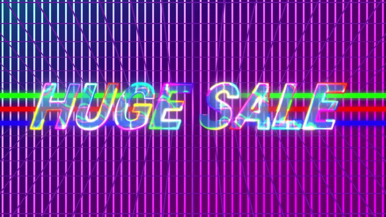 배경에 보라색 네온 선 위에 노란색 반 ⁇ 이는 글자로 거대한 판매 텍스트의 애니메이션