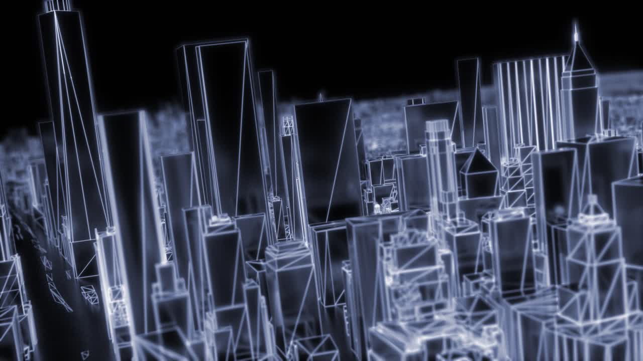 City neon glowing DOF model New York NYC flyover wireframe skyscraper 80s 4k