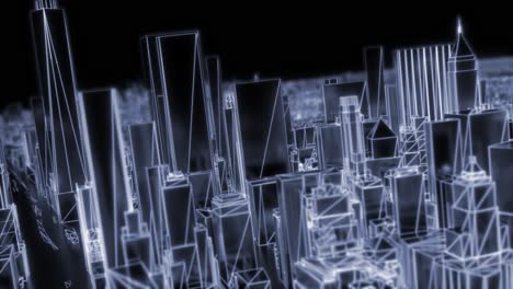 ciudad de neón brillante dof modelo de nueva york nyc flyover wireframe rascacielos de los años 80 4k