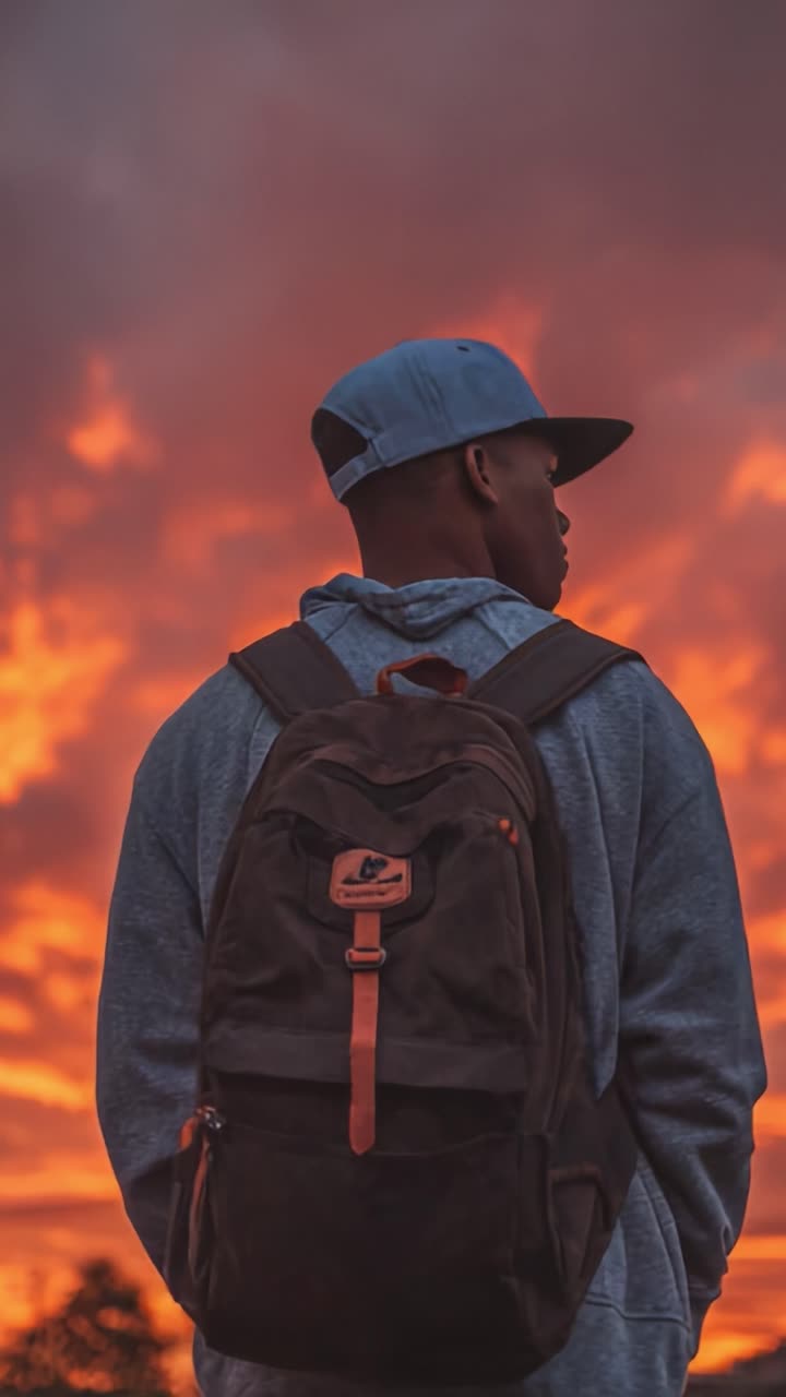 Un giovane contempla la vita sullo sfondo di un tramonto mozzafiato, che mette in mostra colori vivaci e un'atmosfera serena, con uno zaino sulle spalle