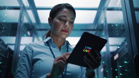 a focused professional engaged with a tablet in a high-tech server room, surrounded by advanced data processing equipment, demonstrating expertise in digital solutions