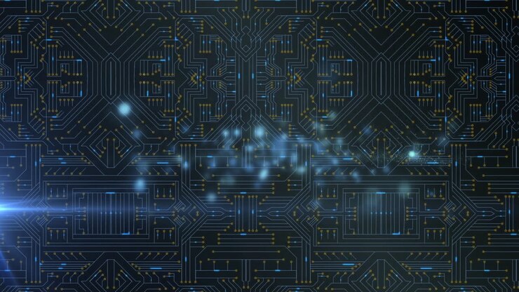 Animation of data processing on glowing computer circuit board