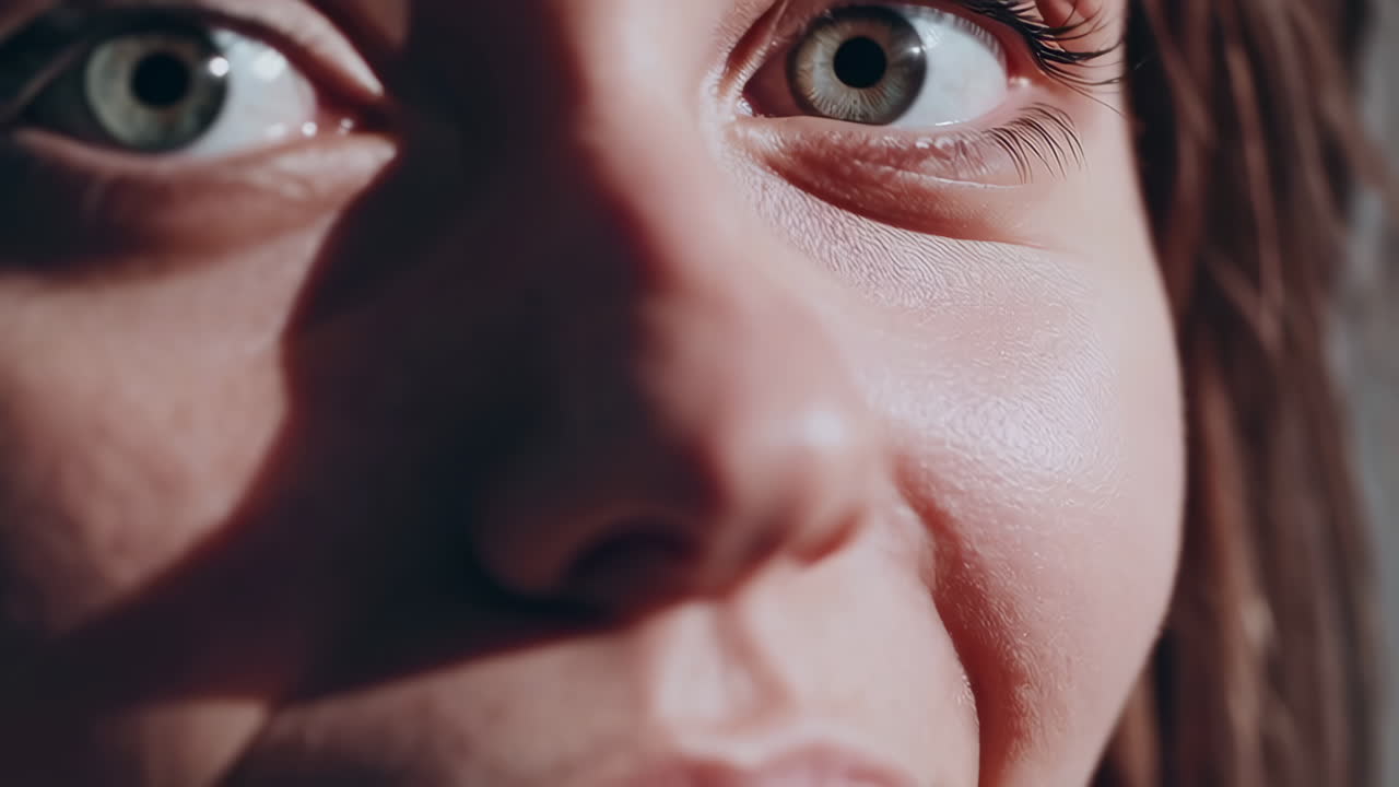 Close-up of a woman's face with wide eyes