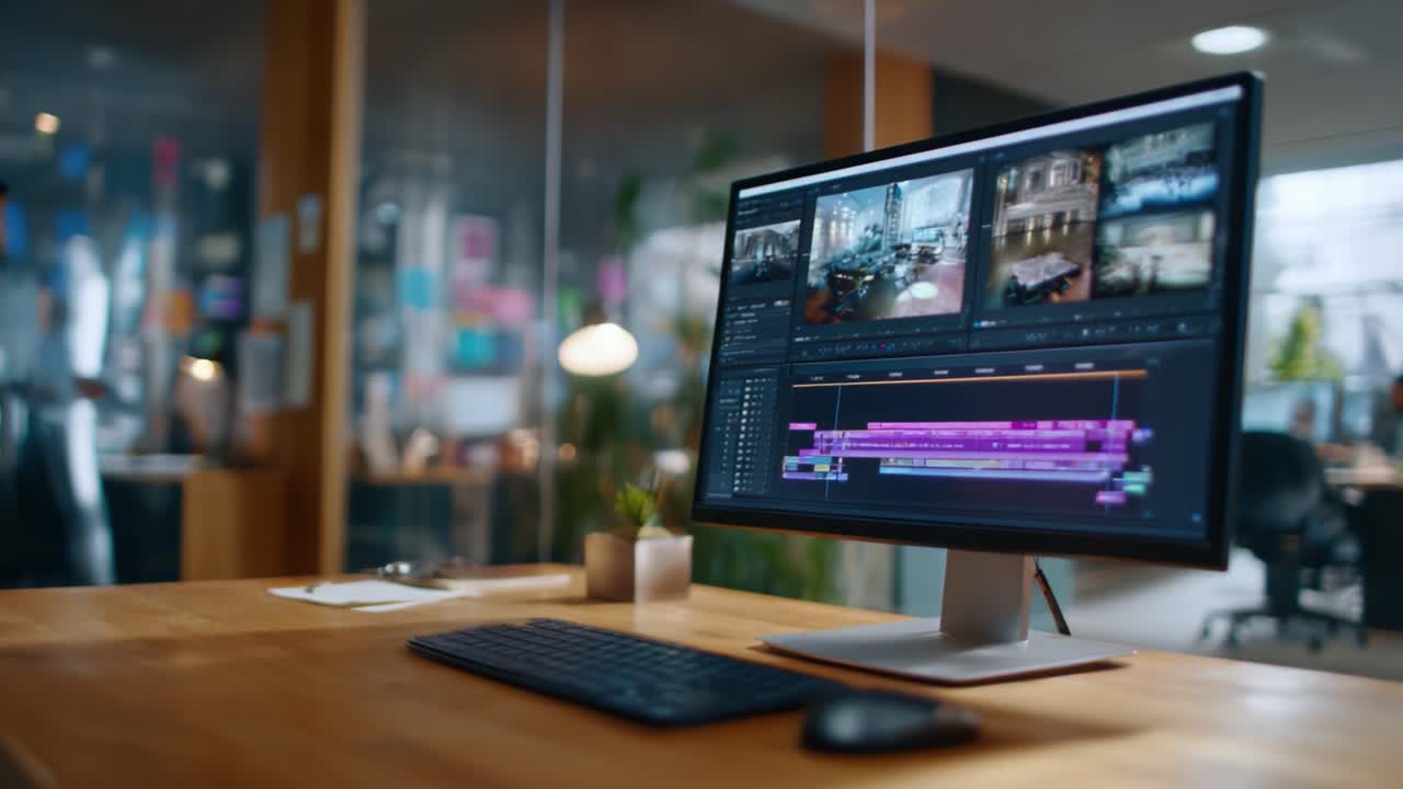 Focus sull'editing video: panoramica di un'area di lavoro moderna che mostra un monitor di computer con software di editing e un ambiente professionale