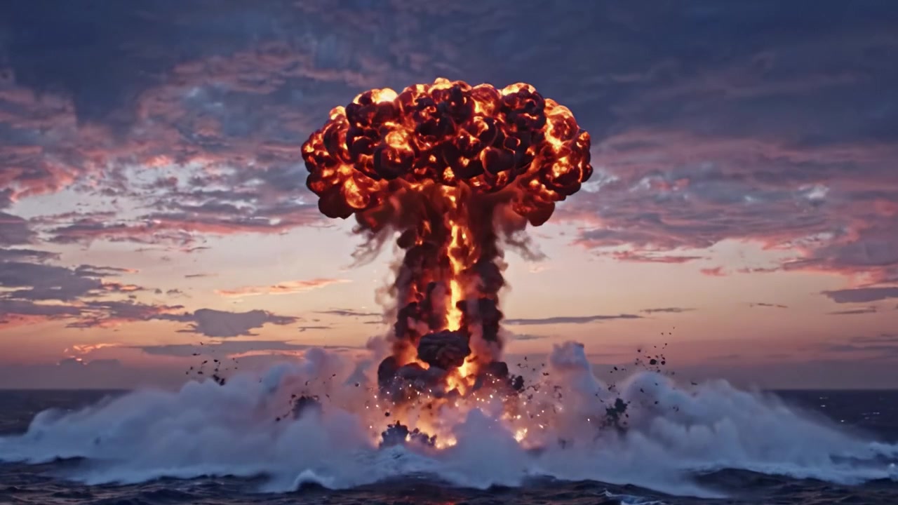 En eksplosiv transformasjon: En sekvens av oseaniske detonasjoner fanget i fantastisk lys, som illustrerer den kraftige virkningen av undervannseksplosjoner mot en vakker solnedgang