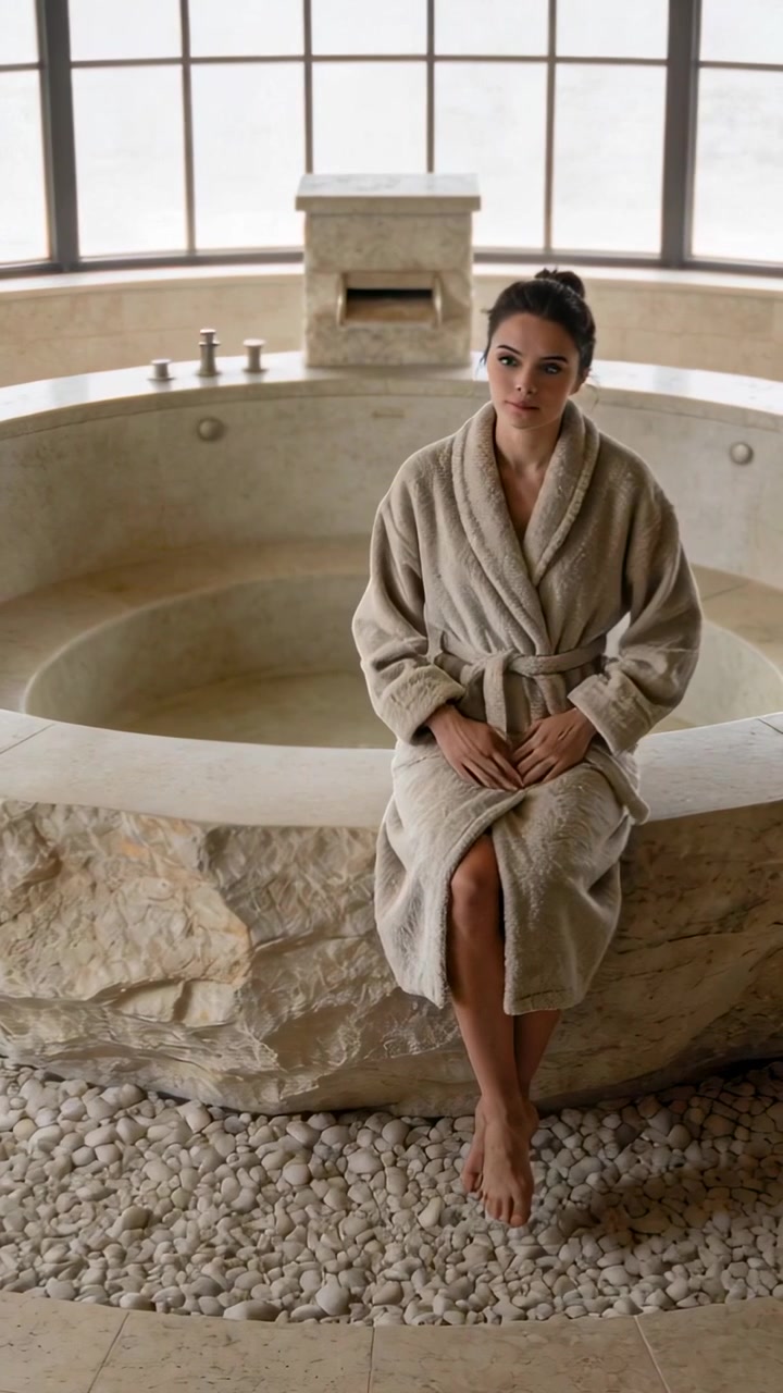 Donna sui 25 anni seduta sul bordo di una vasca in pietra in una spa, che si sistema la cintura dell'accappatoio e tiene un oggetto.