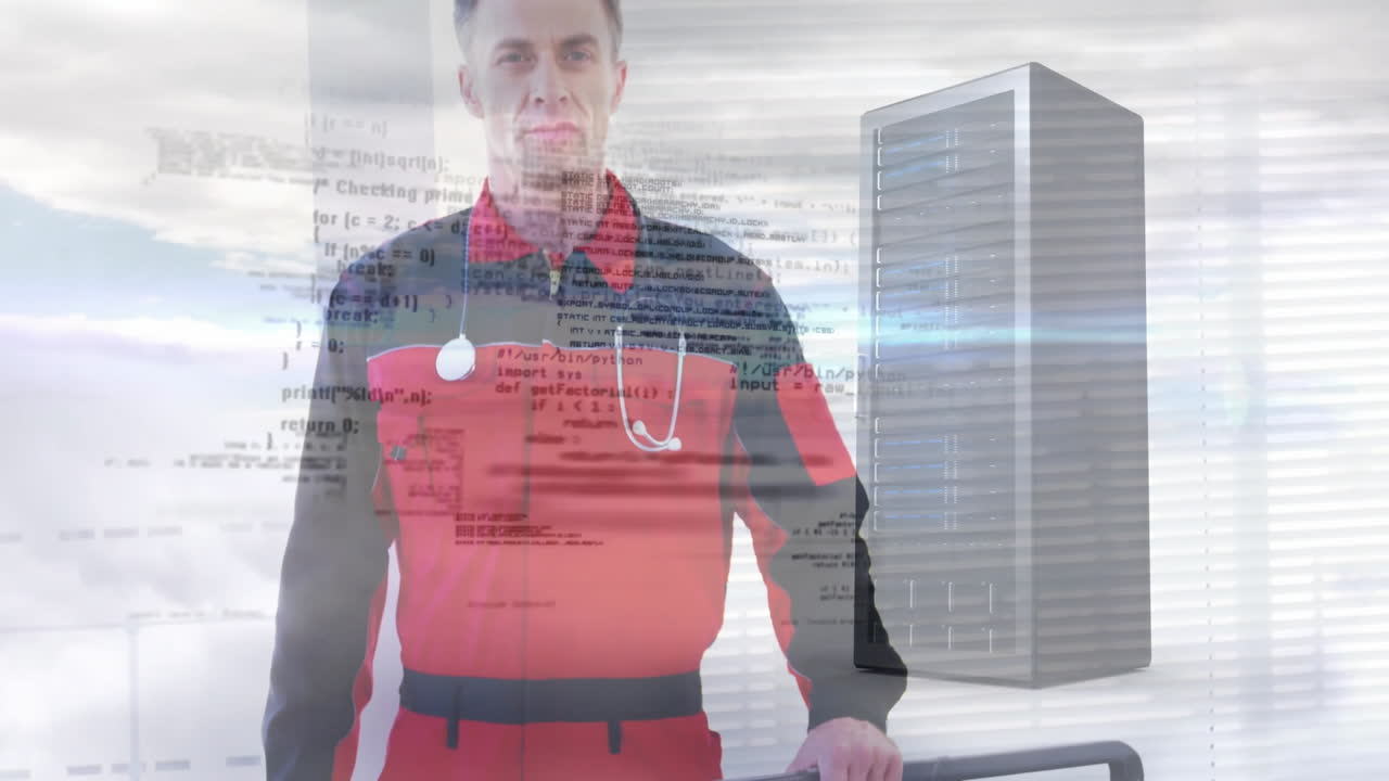 Man standing wearing medical uniform combining health with cloud data infrastructure code overlay