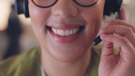 call center, happy and closeup of woman mouth