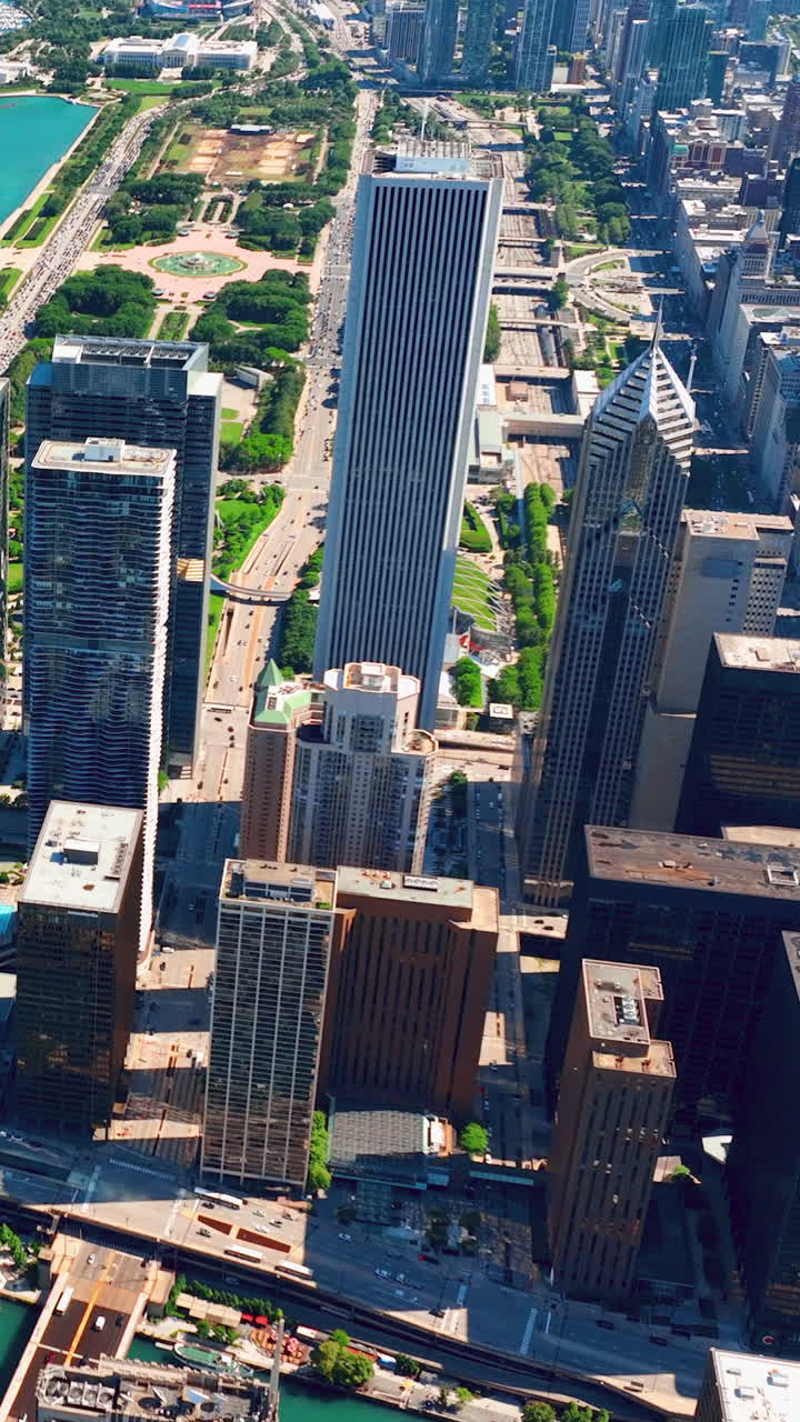 Paisagem urbana de Chicago com vista dos edifícios no Grant Park. Rio com barcos. Vista aérea por drone. Vídeo vertical
