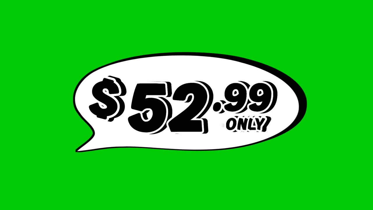 Animation $1.99 price tag in speech bubble motion graphics on green screen background. Perfect for ads, e-commerce, discounts, and promotion business concept video element