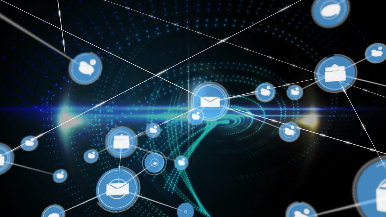 Network showing glowing email node at center, connecting with user and camera icons in flat design