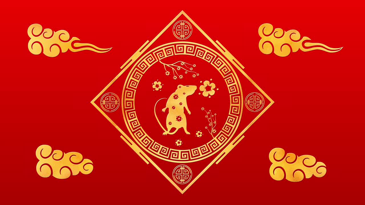 fondo rojo de año nuevo chino con rata dorada, bucle de renderización 3d 4k. mágica animación de feliz año nuevo