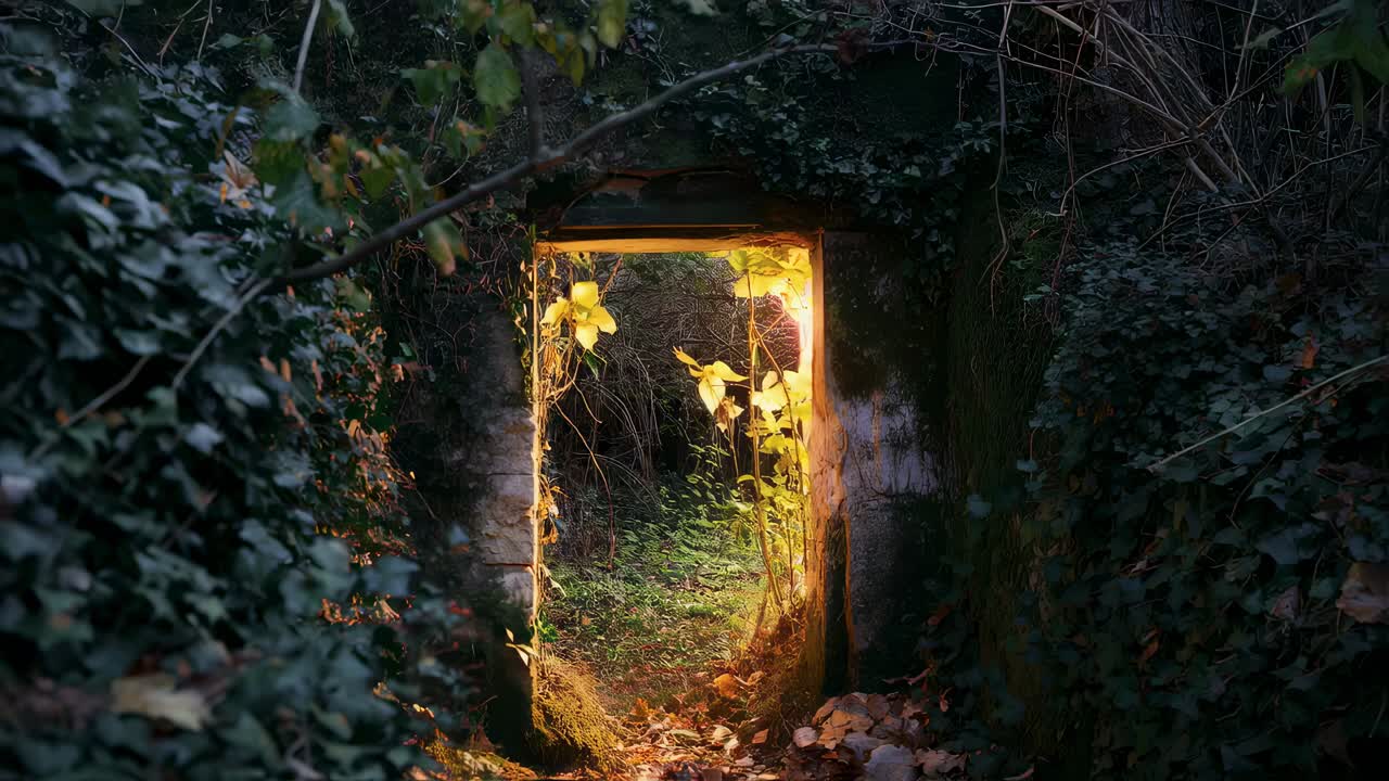 Soft sunlight gradually penetrating moss covered ancient doorway, revealing hidden garden's magical atmosphere through delicate ivy wrapped entrance