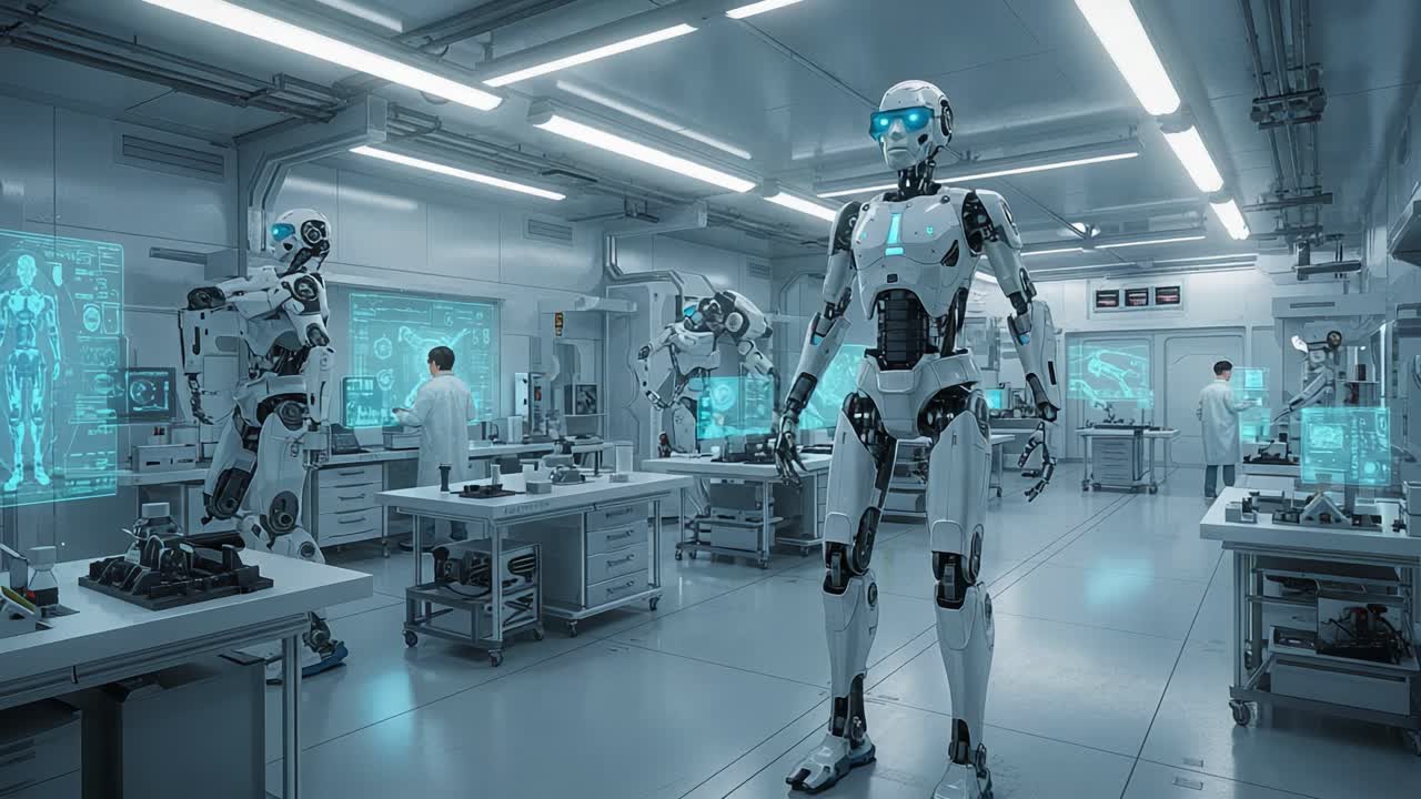 Exploration of Robotics: A Cutting-Edge Laboratory Featuring Advanced Robots and Researchers Engaged in Innovative Technologies and Experiments