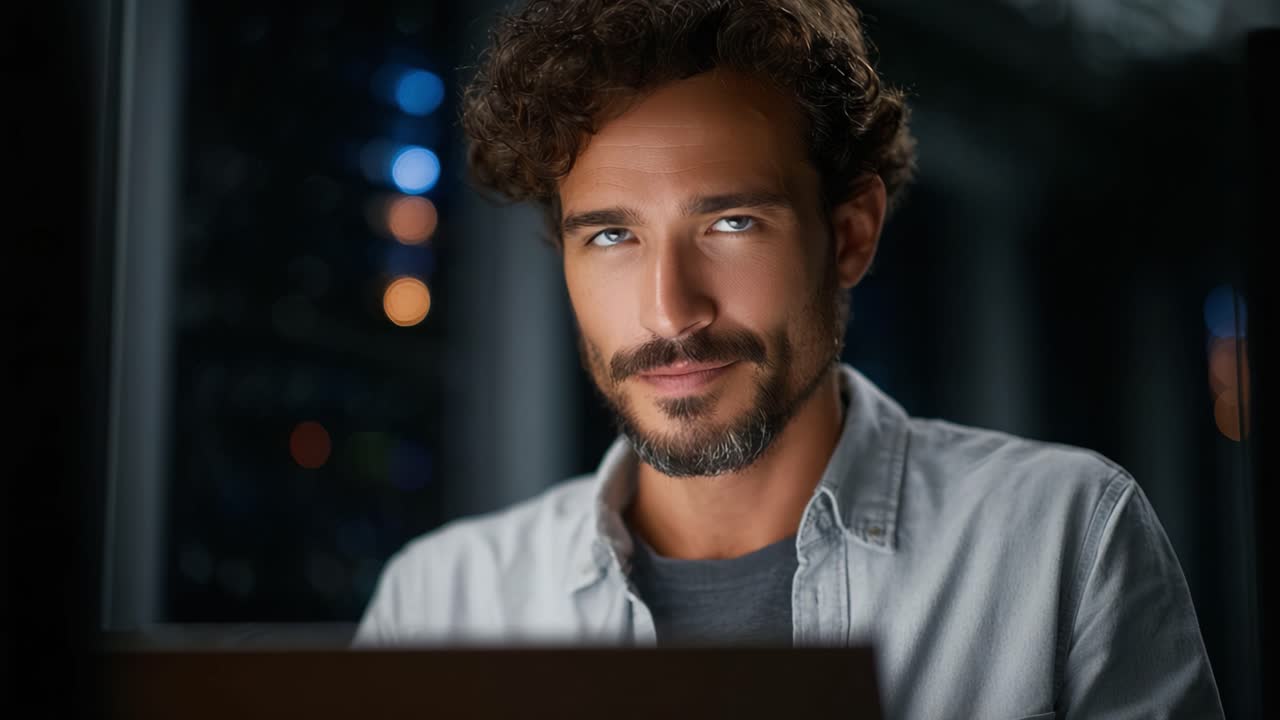 Captivating Close-Up of a Thoughtful Individual in a Dimly Lit Space Engaged with Technology, Highlighting Concentration and Introspection in a Modern Setting